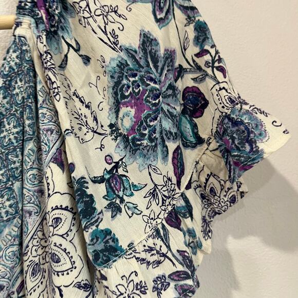 Angie Floral Boho Mini Dress S Blue White Rayon Smocked Waist Flutter Sleeve - Picture 7 of 7